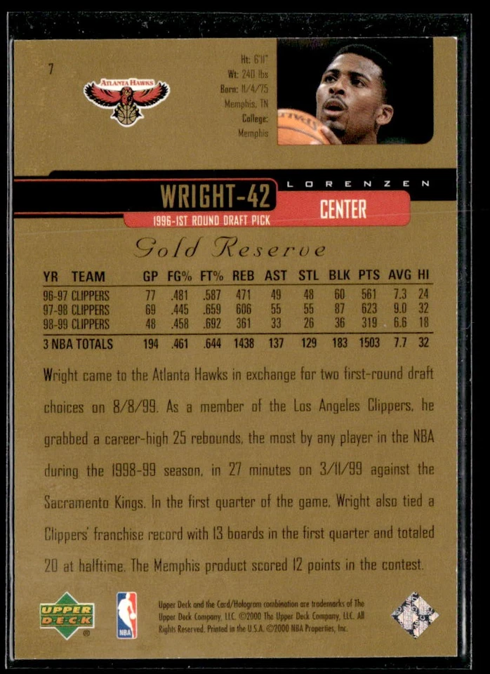 1999-00 Upper Deck Gold Reserve #7 Lorenzen Wright - Image 2 of 2