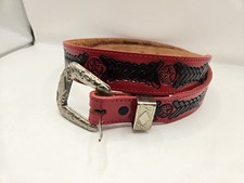 Vtg Red Leather Star Hand Tooled Western Belt Engraved Silver Buckle Sz 30