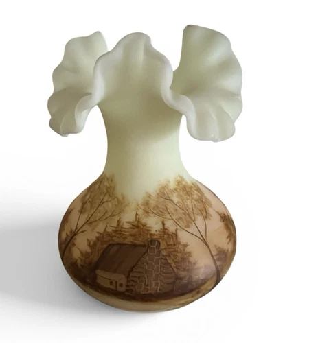 Ruffle Fenton Vase Custard Satin Uranium Glass Signed Cabin ~ Signed ~  Glows