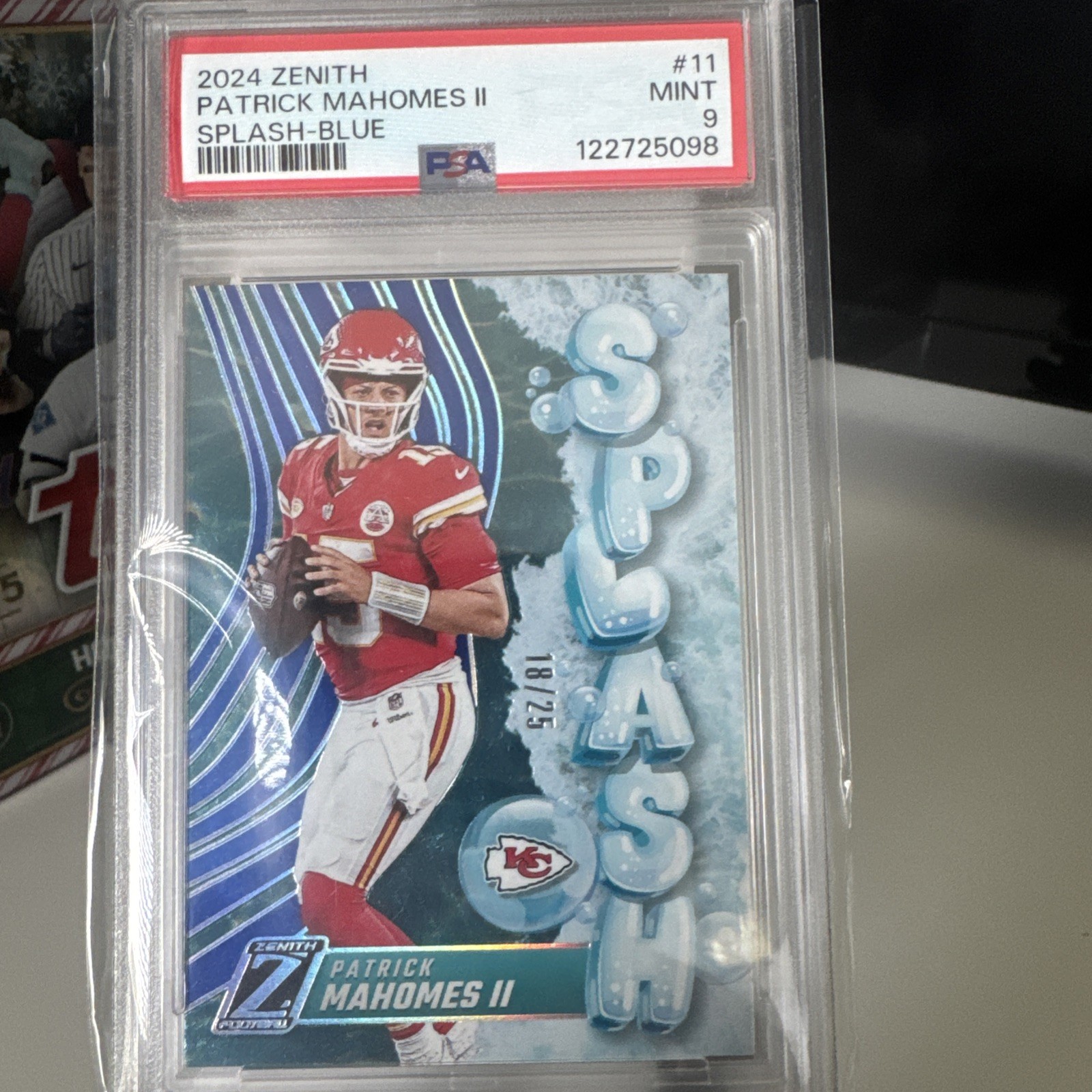 Patrick Mahomes II #11 2024 Panini Card /25 Splash Blue PSA 9 view 1