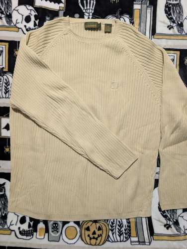 Timberland Mens Sweater L Large Beige Tan 100% Cotton Knit Pullover Crewneck
