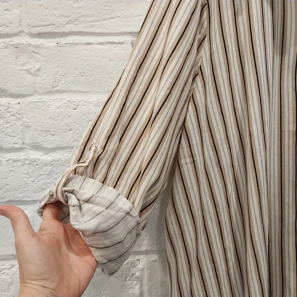 Vestido camisa mistura de linho Jessica London 22 W branco bronzeado listras pretas até o joelho - Imagem 3 de 4