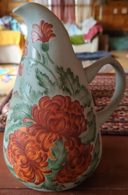 Vintage Jug Vase Pitcher Floral Terracotta Ceramic 12'' Hand Painted Signed 