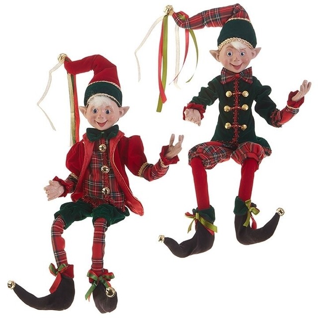 RAZ Imports 35 Inch Posable Elves Elf Set/2 Red Green Plaid Gold