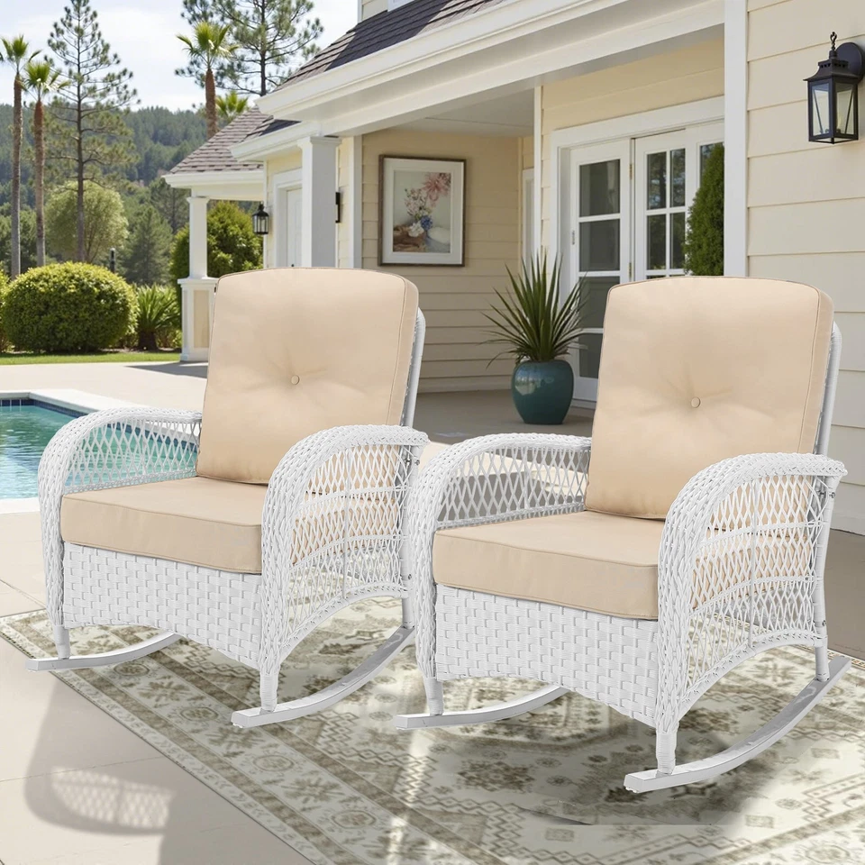 2 PIEZAS Mecedora Exterior Mimbre Patio Respaldo Alto Ratán Balancín Silla para Porche Foto 3 de 4