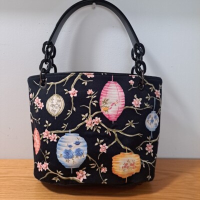 Talbots Black Pink Blue Oriental Floral Paper Lanterns Ladies Handbag
