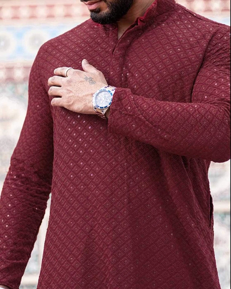 Conjunto de pijama Kurta étnico tradicional Kurta Chikankari Work Kurta para hombre Foto 2 de 4