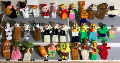 Lot of 33 Knitted FINGER PUPPETS Simpsons SpongeBob Wolf 3 Little Pigs Holiday +