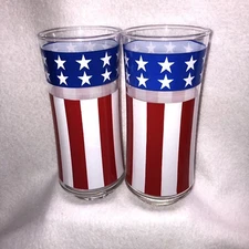 2 LIBBEY Glass Patriotic Flag Tumblers 1970’s Vintage MCM AMERICAN USA 16 Oz