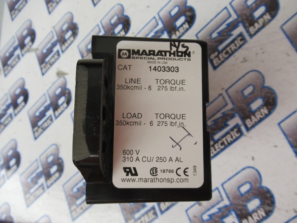 Marathon 1403303, 310 Amp , 600V, 3P PDB (1) 350KCMIL-#6 X (1)350KCMIL-#6 -NEW-S - Image 2 of 3