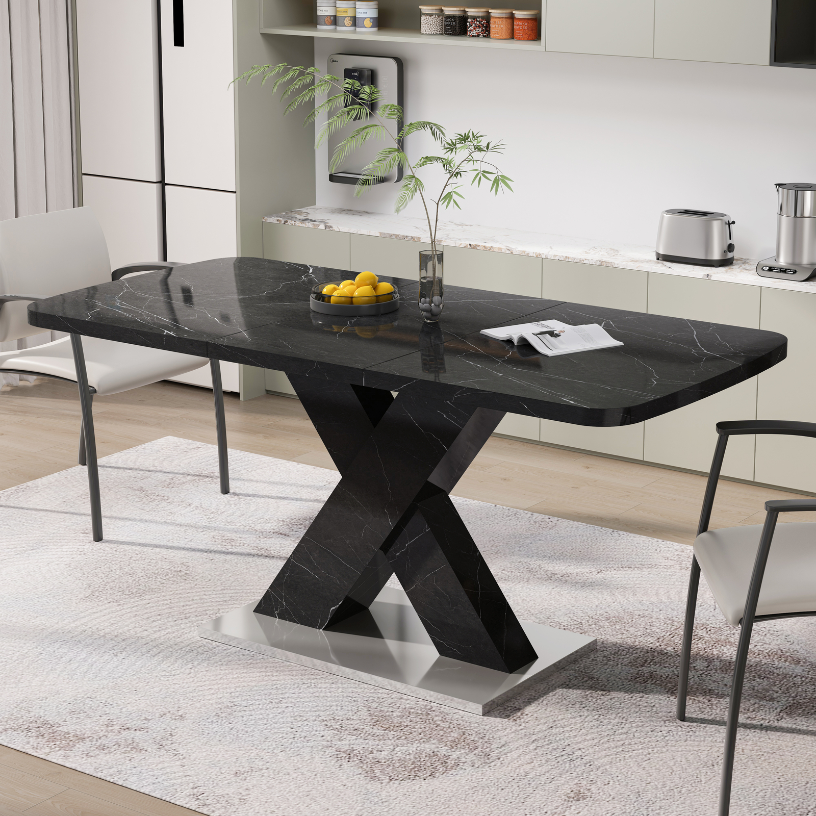 Modern Square Dining Table,Stretchable,Printed Black Faux Marble Table Top