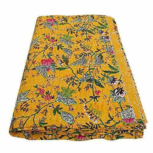 Kantha Quilt Indian HandmadeYe Floral Print Bedspread Decor Throw Cotton Blanket - Bild 1 von 4
