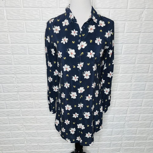 Silk Floral Print Navy Blue Shirt Dress 