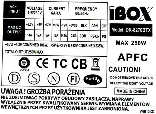 Bloc Alimentation IBOX DR-8270BTX 250WATT ATX De 20 +4-pin CPU 4-pin 3xMOLEX Fdd - Photo 3/3