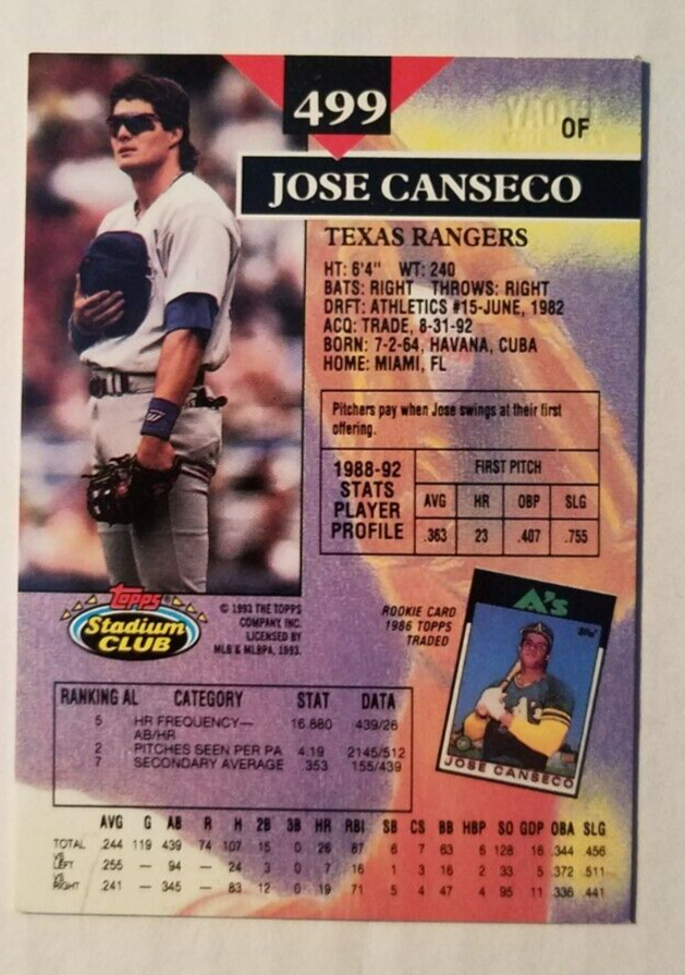 Jose Canseco 1993 Topps Stadium Club First Day #499 Rangers