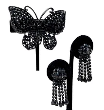 ALBERT WEISS FAB SET BUTTERFLY BROOCH DANGLE EARRINGS SIGNED JET BLACK GRYSTALS