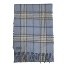 Powder Blue Cream Gray Plaid 100 Cashmere Scarf Germany 12" x 64"