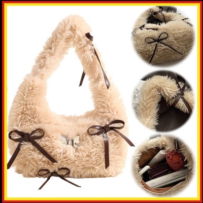 Women Plush Shoulder Bag Bow Handbag with Interior Pocket Fluffy Purse Hobo Bag