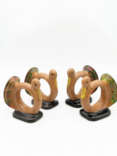 Vintage Thanksgiving Turkey Napkin Rings Set of 4 Hand Painted Brown Orange Fall - Picture 4 of 6