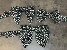 Handmade Men's Bow Tie Oversized Vintage Style Butterfly Black Green Dots Satin