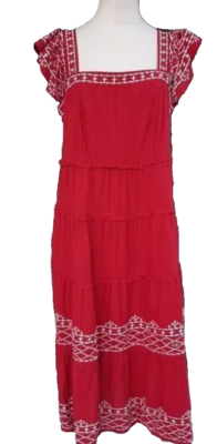 NEW Knox Rose Red Ivory Tiered Embroidered Midi Dress Square Neck XL | eBay