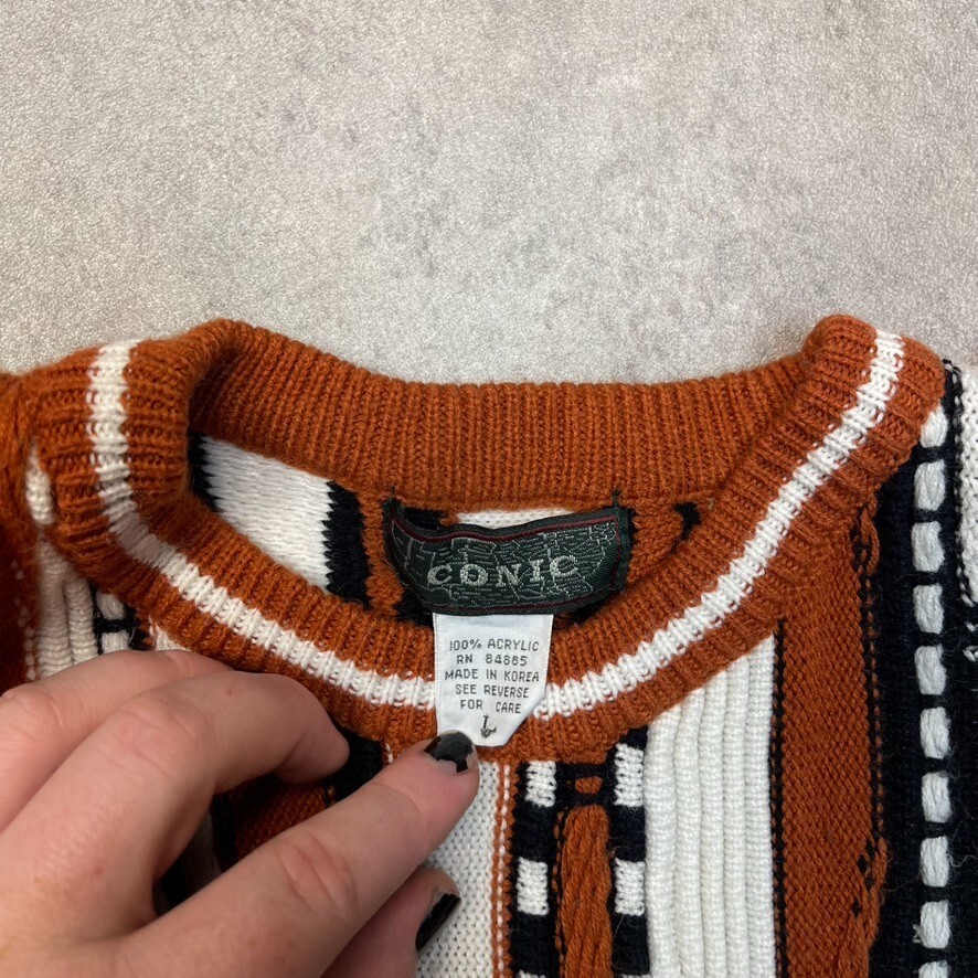 Texas Knitted Sweater Mens Large Coogi Style USA Crew Neck Chunky Sweater Orange image 8