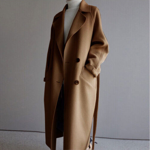 Women's Coat Lapel Cashmere Jacket Oversize Outwear Belt Trench Wool Blend Parka - Picture 6 of 25