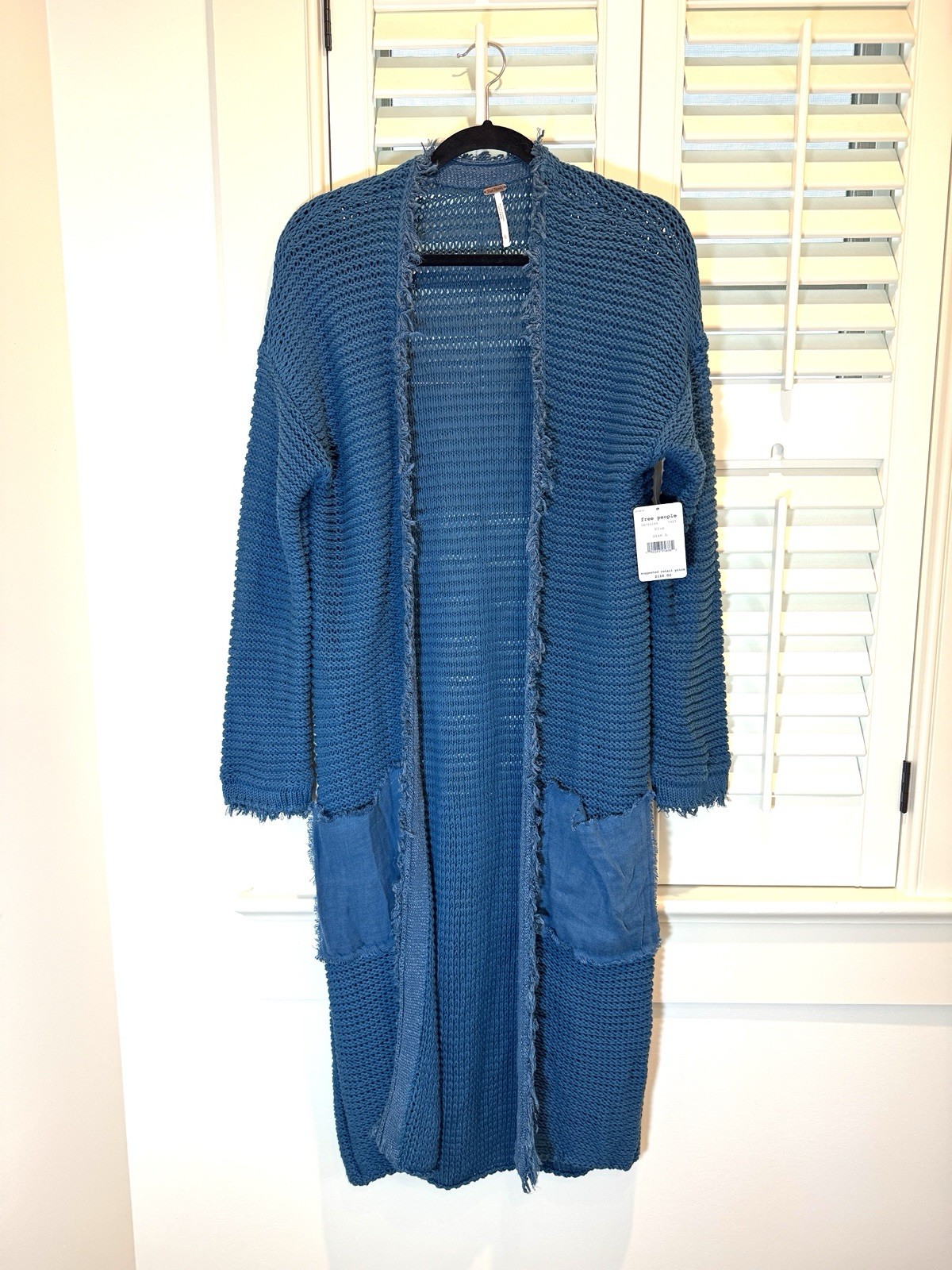 Free People Size L Teal Blue Long Cardigan Sweater Fringe Du