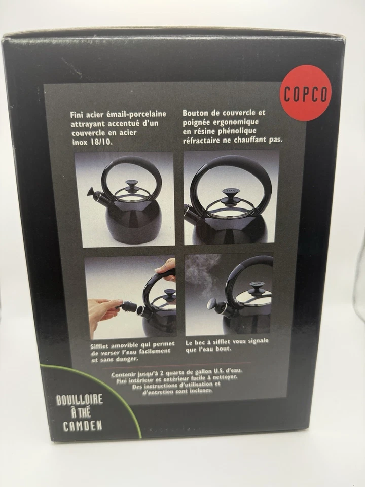 Hervidor de té Copco esmalte negro sobre acero Camden silbido 2 cuartos de galón nuevo en caja abierta Foto 2 de 3