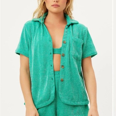 Frankie's Bikinis Green Coco Sparkle Terry Button Up Shirt Swim Coverup Small