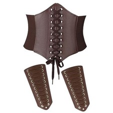 3 Pieces Women Renaissance Corset Belts with Leather Gauntlets Medium Brown