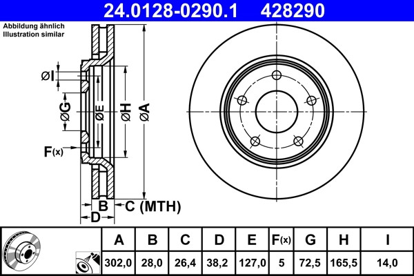 Disque de frein ATE 24.0128-0290.1 ventilation interne compatible OE 4721933AB