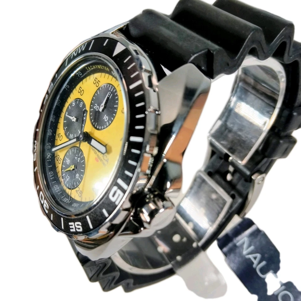 Nautica 39MM  Men's Chrono Watch Black Silicone Strap Yellow Dial NOS - Image 4 of 4