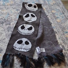 Disney Parks Jack Skellington Knit Fringe Scarf Black White Gray