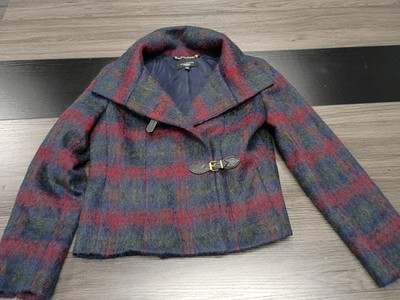 TALBOTS Womens Sz 4 P Wool Leather Pea Coat Plaid Jacket  Blazer Buckle Academia