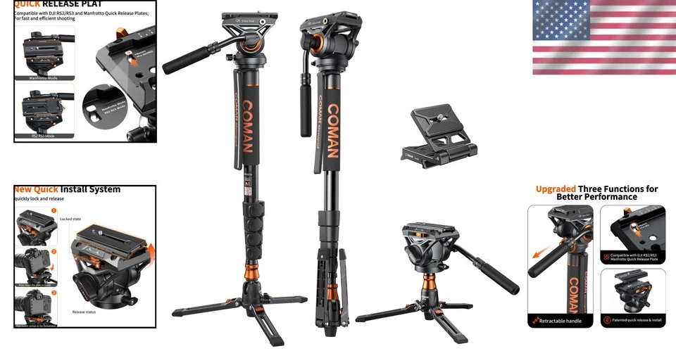 COMAN Camera Monopod with Feet | Q6 Fluid Head | 71.25 inch - Image 2 of 4