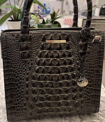 Brahmin Black Embossed Crocodile Satchel Top Handle Zip Gold Charm Studs