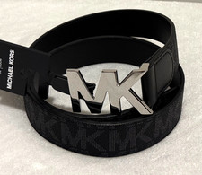 New Michael Kors Men's Silver Tone MK Logo Buckle Black Monogram Belt 36