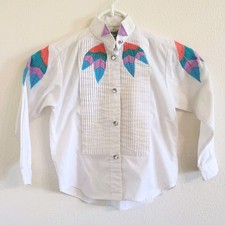 Vtg Wrangler White Button Up Ribbed Front Embroidered Feathers Kids 6 Western