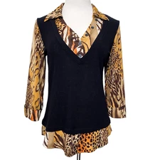 Vtg Blouse Top Large Stretchy Black Animal Print Knit Layer Pullover Casual   o
