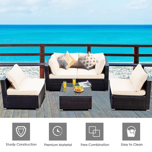 5PCS Rattan Patio Conversation Set Sofa Furniture Set w/ White Cushions - Picture 5 of 10