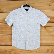 Nautica Button Up Shirt Boys Size M Blue Geometric Sailboats Cotton Blend