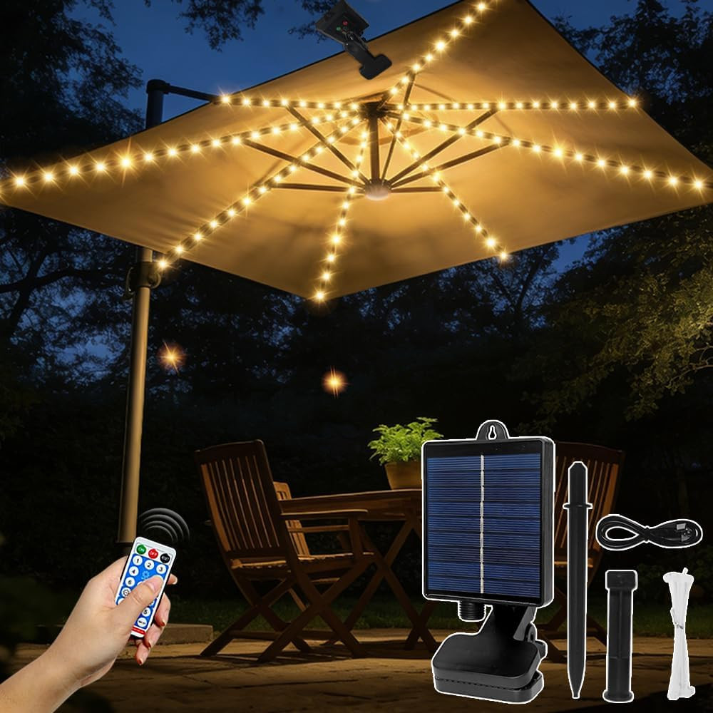 Guirlande parasol solaire 104 LED étanche hybride USB 8 modes d'éclairage avec télécommande