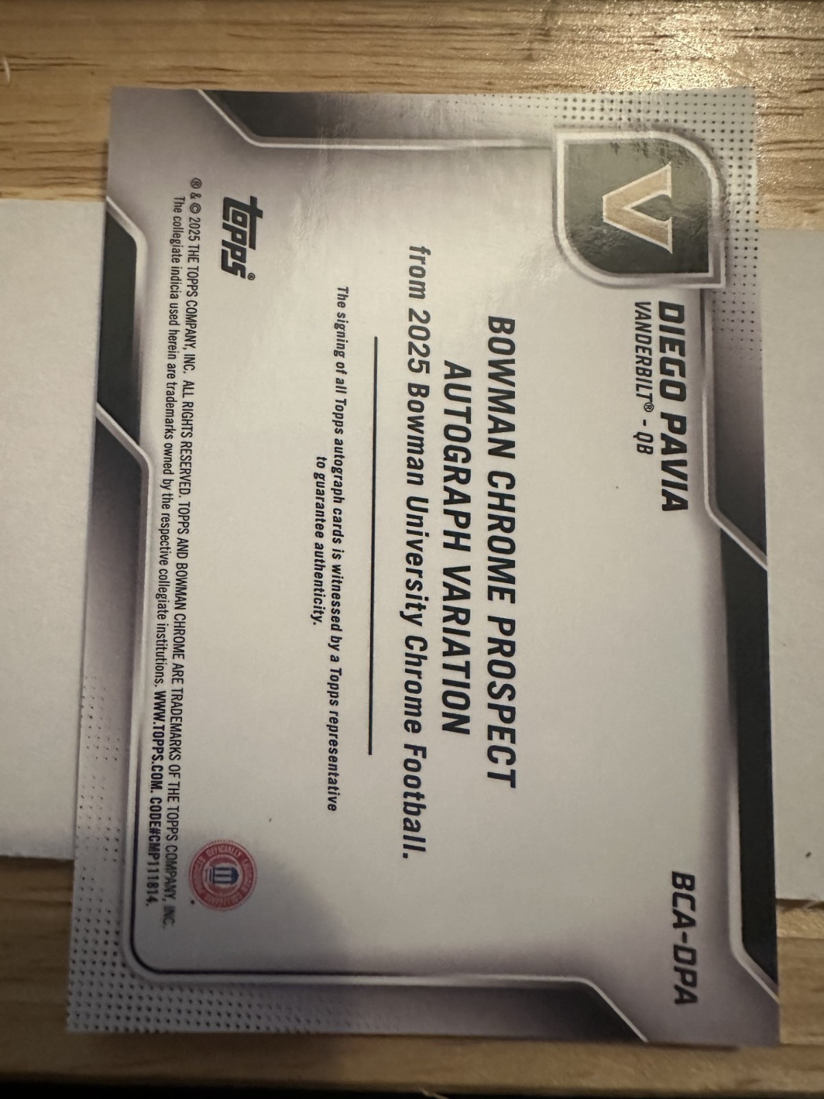 2025 Bowman Chrome U Diego Pavia #BCA-DPA 1st Bowman Base Auto Vanderbilt QB