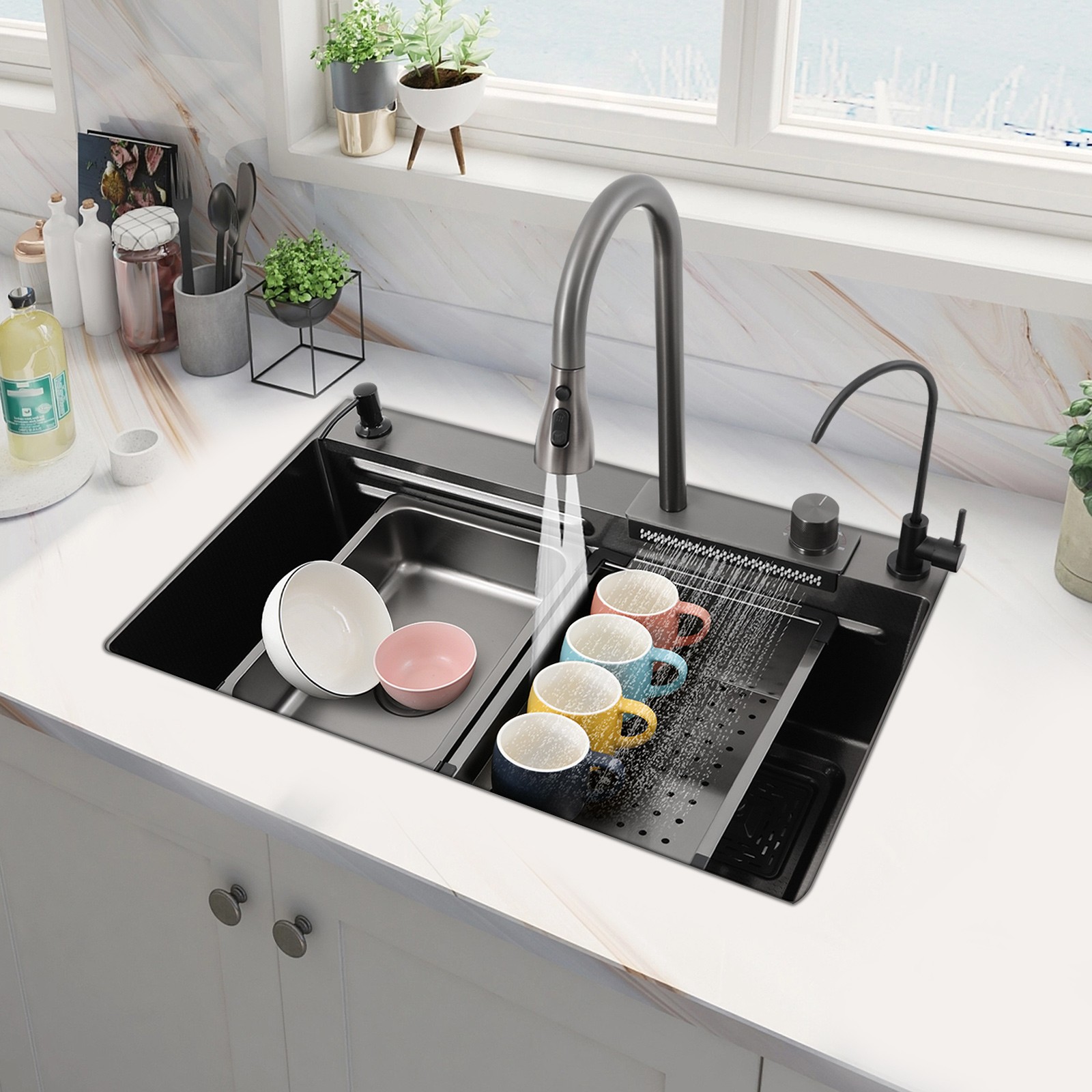 Küchenspülbecken mit Wasserfall modernes Küchenspülbecken aus Edelstahl 304 mit