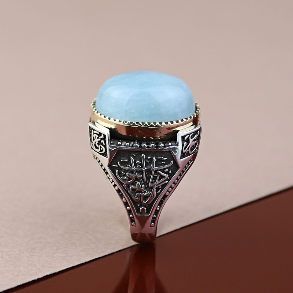 925 Men Silver Natural Aquamarine Arabic Silver Ring Aquamarine Men ...