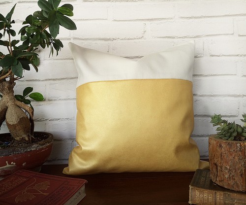 Christmas gold faux leather-white cotton pillow couch cushion cover 16''x16'' - Picture 2 of 9