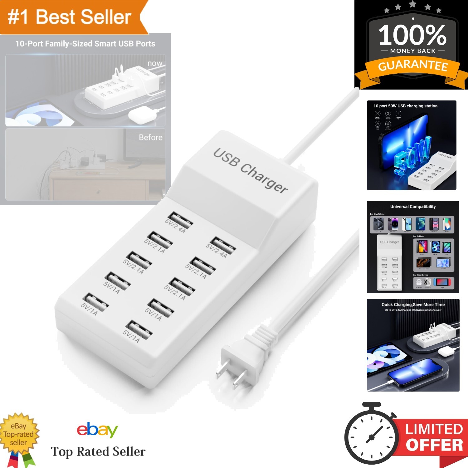 50W 10A 10-Port USB Charging Station Multiport Fast Charger Hub-image