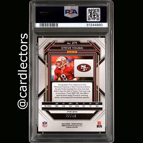 2022 Panini PRIZM Football STEVE YOUNG #271 Purple Power /49 49ERS PSA 10 GEM MT - Afbeelding 2 van 3
