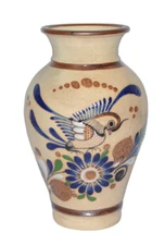 Vtg Mexican Pottery Vase Bird Tonala Style SandstoneHand Painted Ceramic 8 1/2"